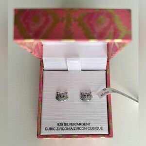 NWT RACHEL ZOE 925 Silver, Cubic Zirconia, Cat Stud Earrings
